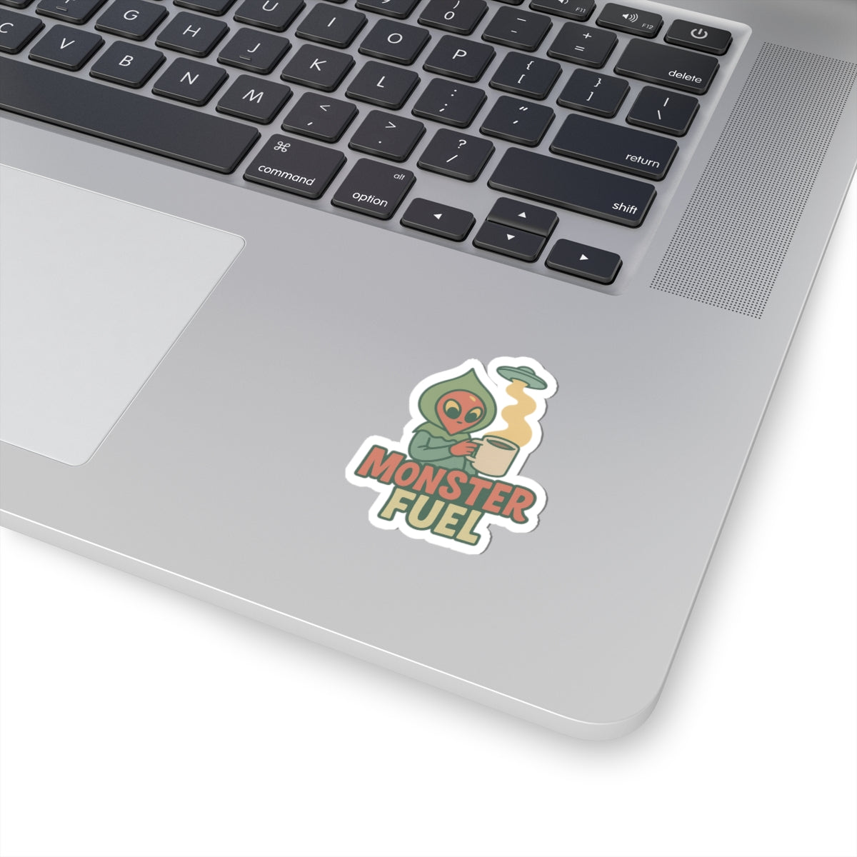 Flatwoods Monster Monster Fuel vinyl sticker with cryptid holding a coffee mug and UFO beam steam – Southern Cryptid Co.