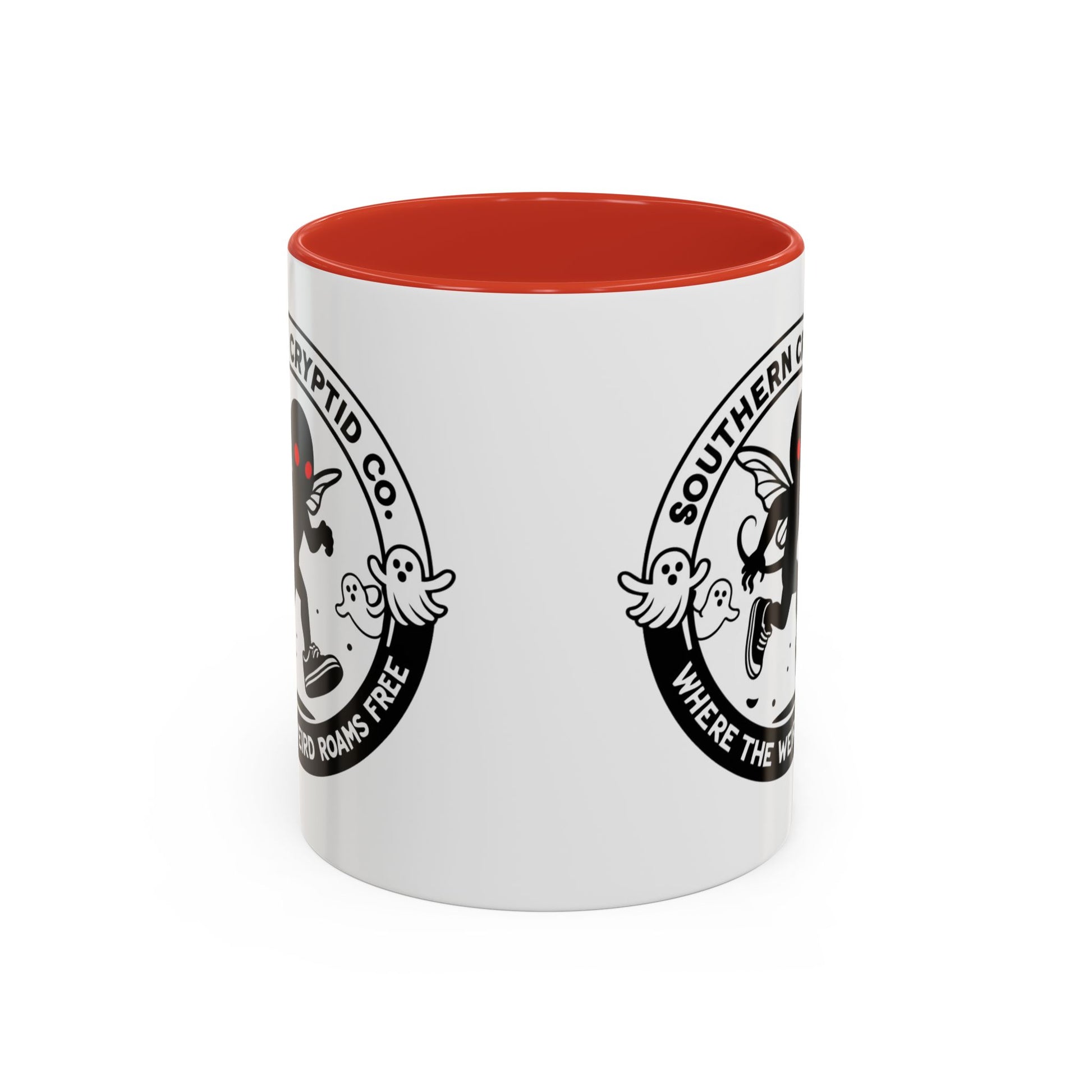 Mothman runner coffee mug with Southern Cryptid Co. tagline Where the Weird Roams Free – white ceramic with colored interior