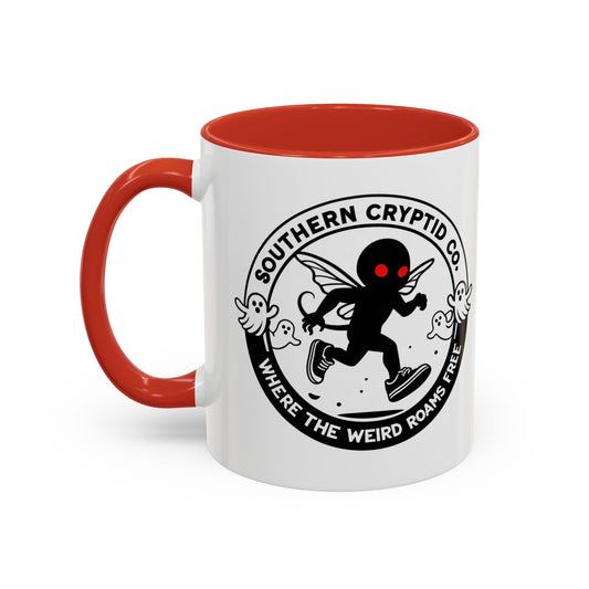 Mothman runner coffee mug with Southern Cryptid Co. tagline Where the Weird Roams Free – white ceramic with colored interior