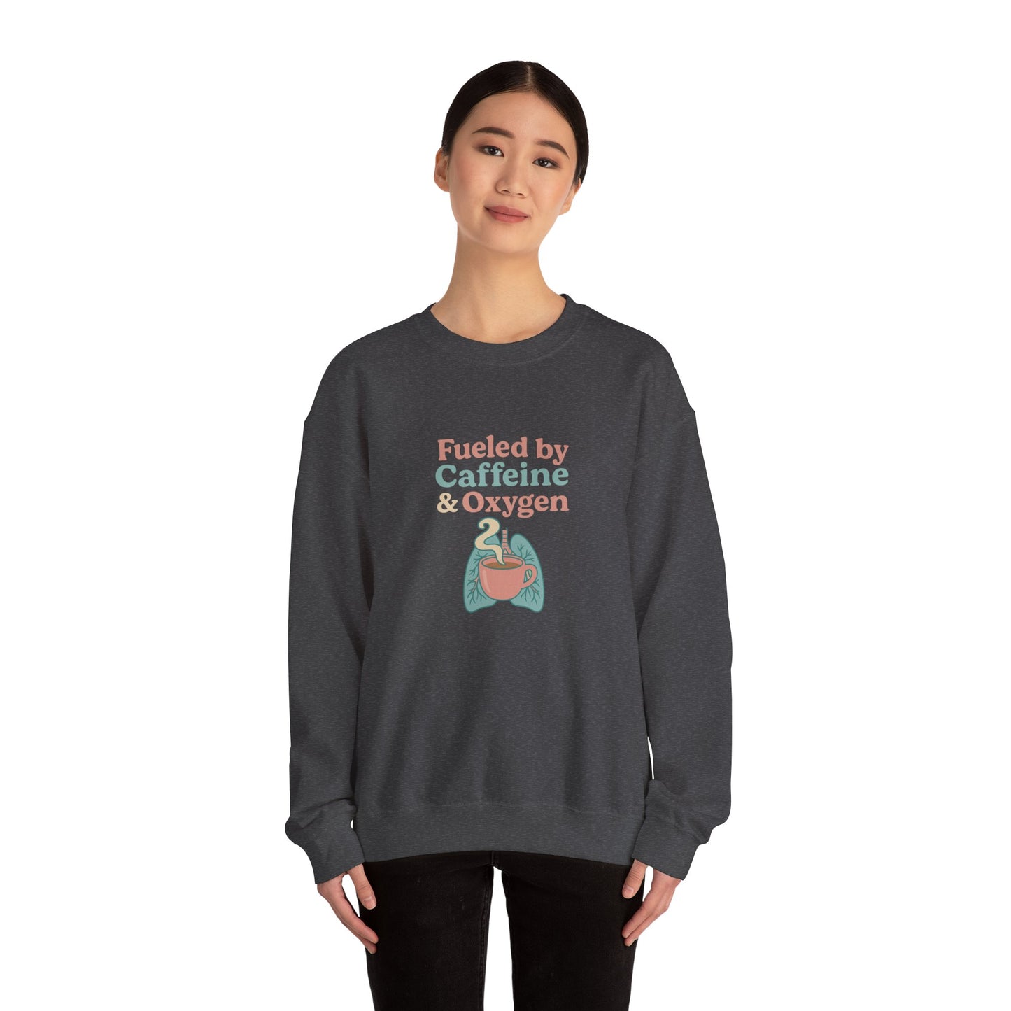 Retro Fueled by Caffeine & Oxygen crewneck sweatshirt with lungs and coffee mug design – Southern Cryptid Co.