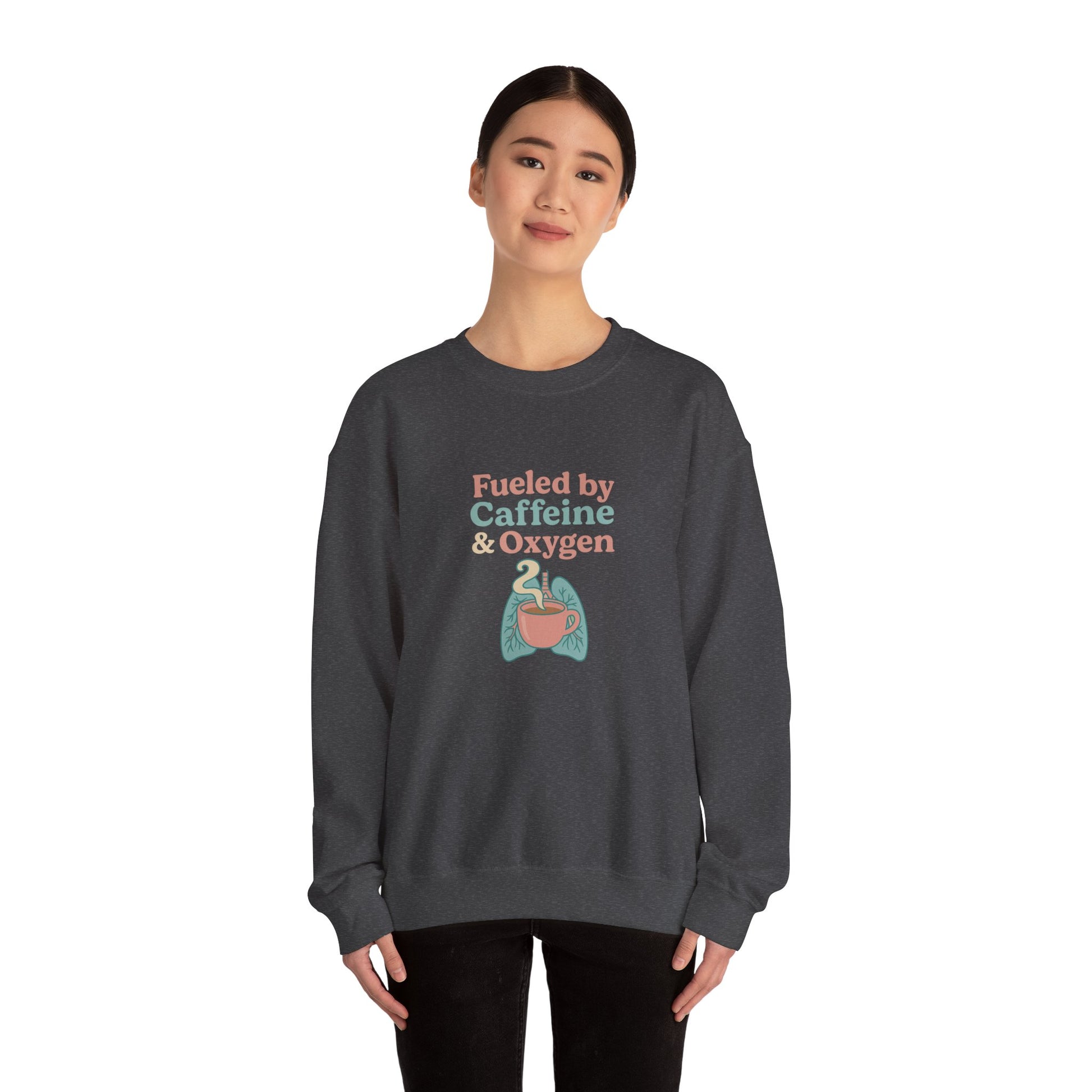 Retro Fueled by Caffeine & Oxygen crewneck sweatshirt with lungs and coffee mug design – Southern Cryptid Co.