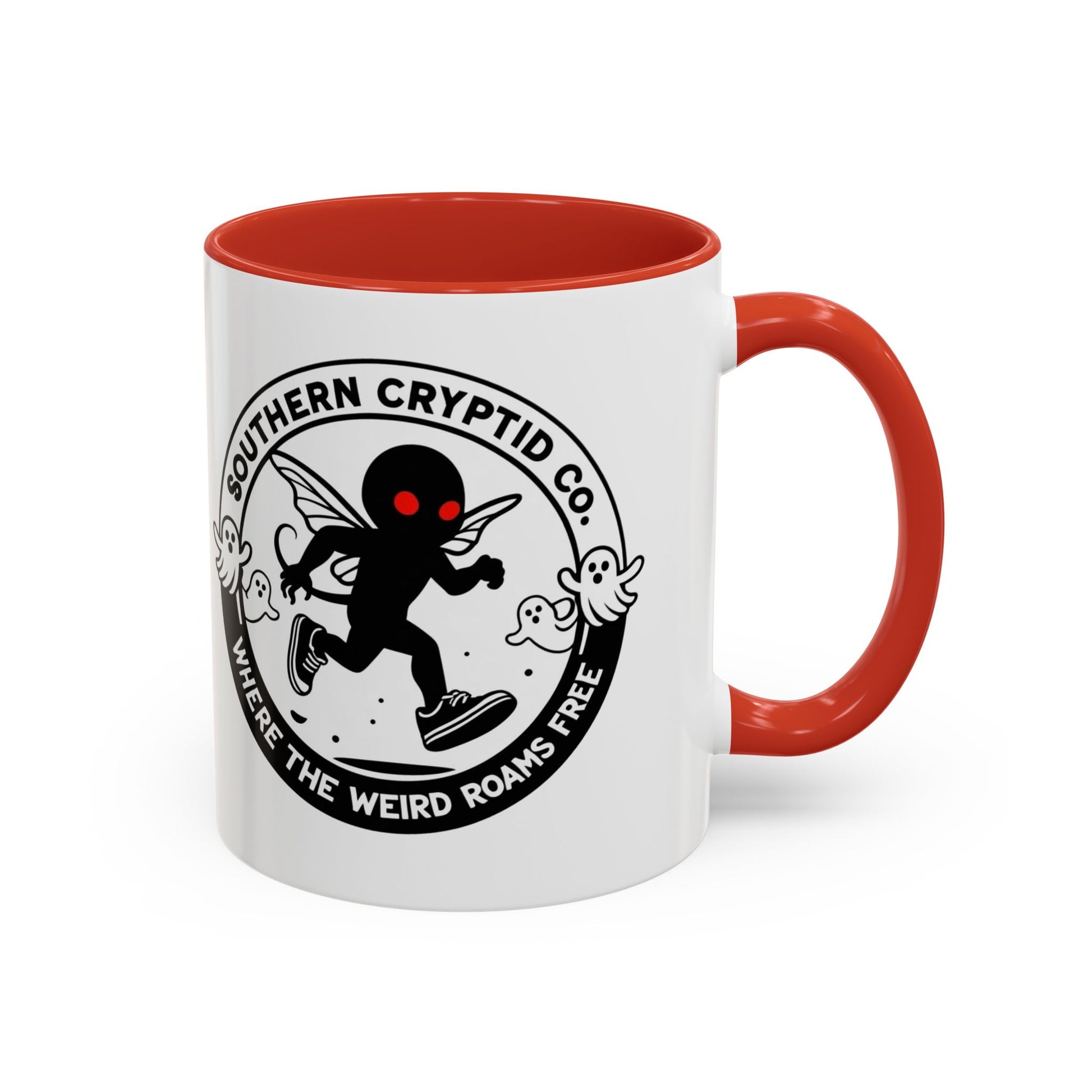 Mothman runner coffee mug with Southern Cryptid Co. tagline Where the Weird Roams Free – white ceramic with colored interior