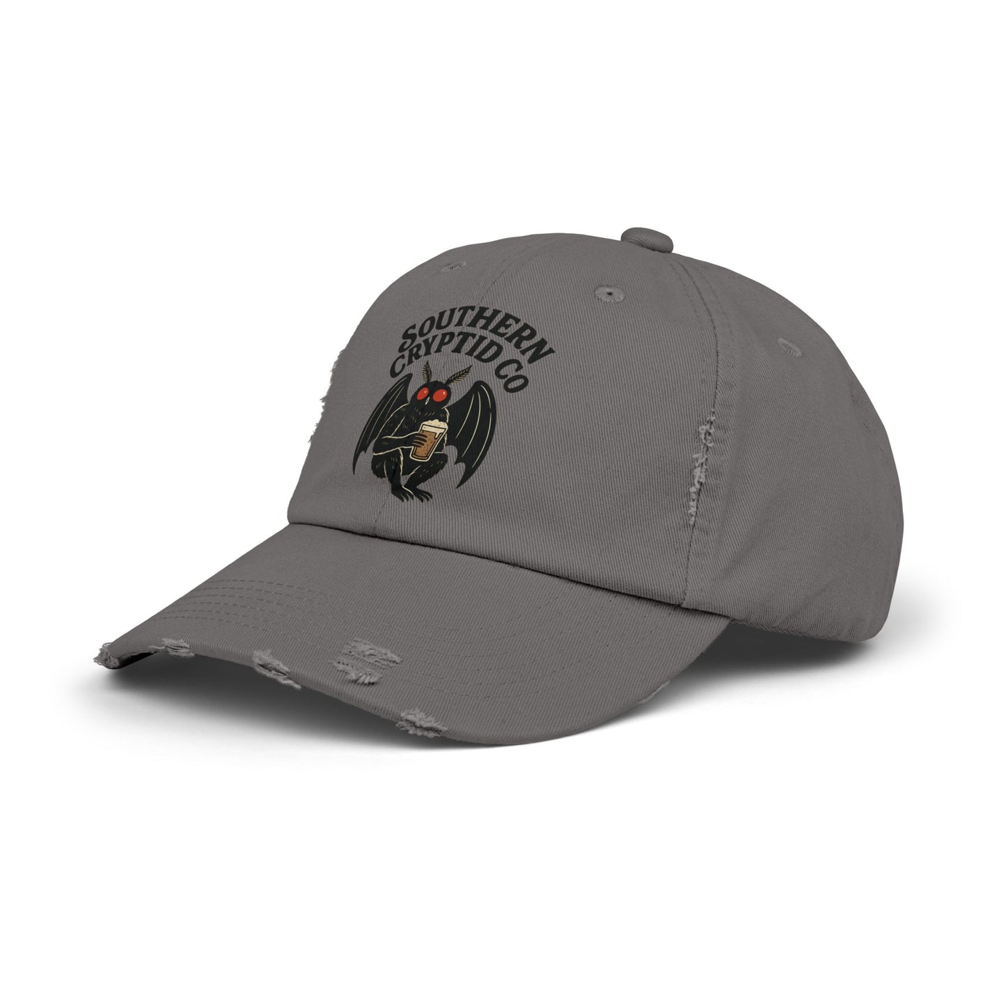Distressed dad hat with Southern Cryptid Co. logo featuring Mothman holding a pint of beer.