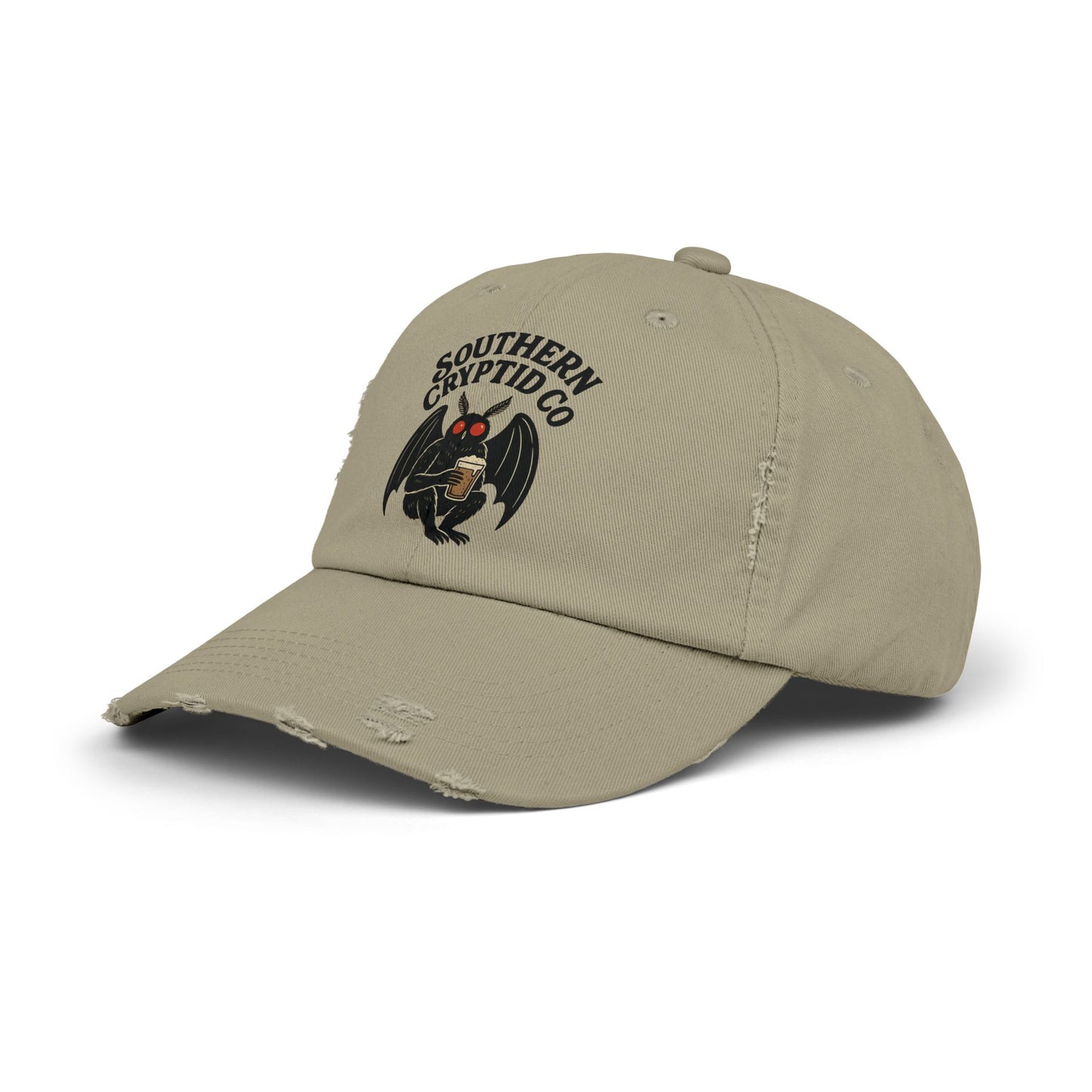 Distressed dad hat with Southern Cryptid Co. logo featuring Mothman holding a pint of beer.