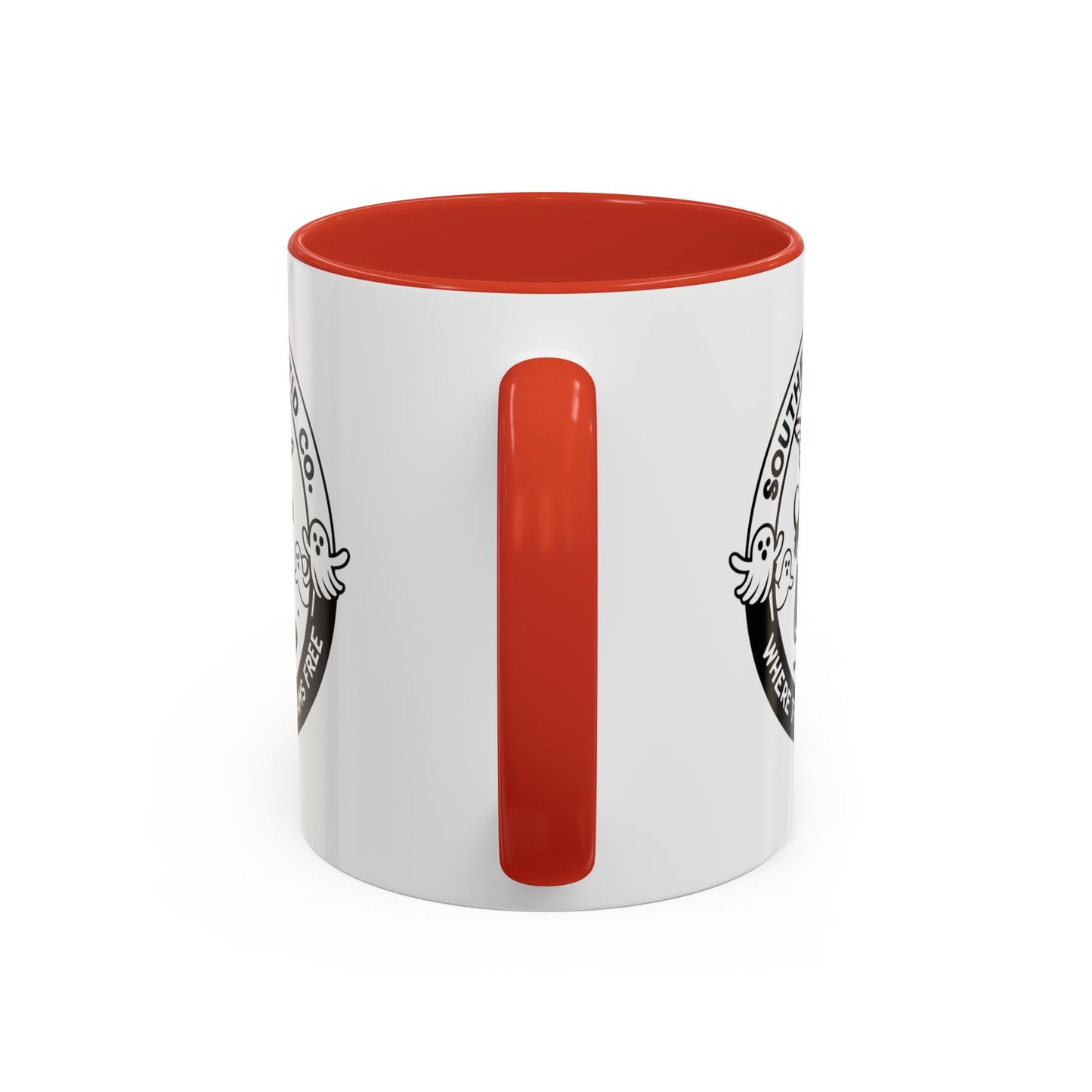 Mothman runner coffee mug with Southern Cryptid Co. tagline Where the Weird Roams Free – white ceramic with colored interior