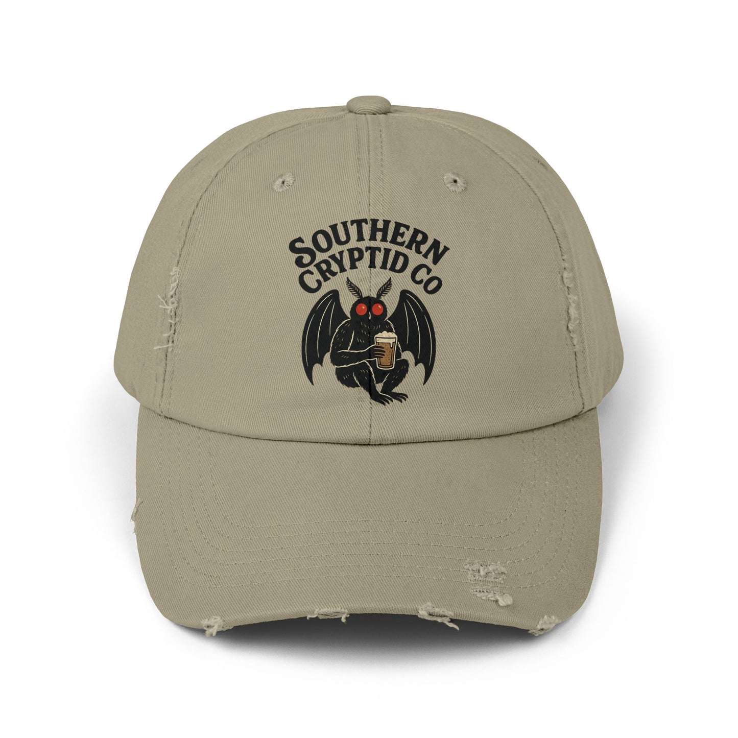 Distressed dad hat with Southern Cryptid Co. logo featuring Mothman holding a pint of beer.