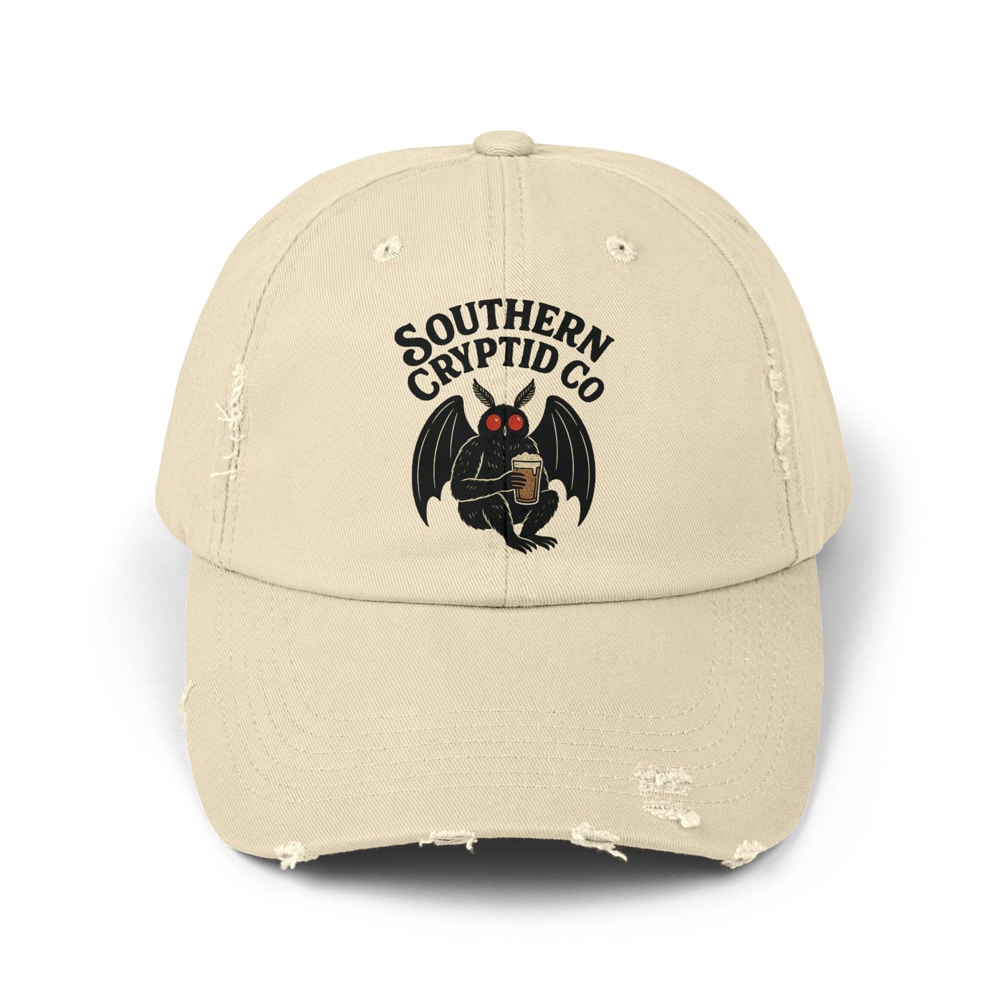 Distressed dad hat with Southern Cryptid Co. logo featuring Mothman holding a pint of beer.