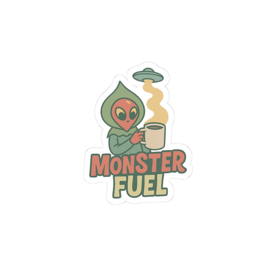 Flatwoods Monster Monster Fuel vinyl sticker with cryptid holding a coffee mug and UFO beam steam – Southern Cryptid Co.