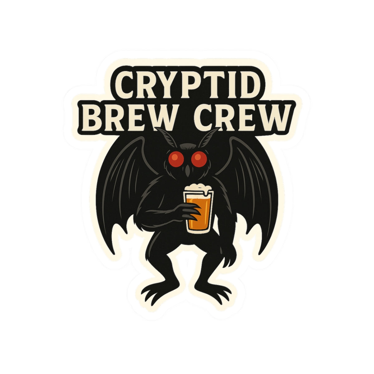 Spooky cryptid sticker featuring Mothman with a beer, perfect for laptops, water bottles, and coolers