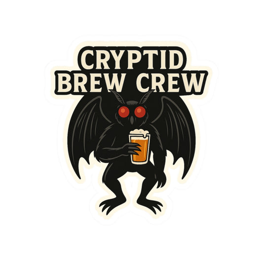 Spooky cryptid sticker featuring Mothman with a beer, perfect for laptops, water bottles, and coolers