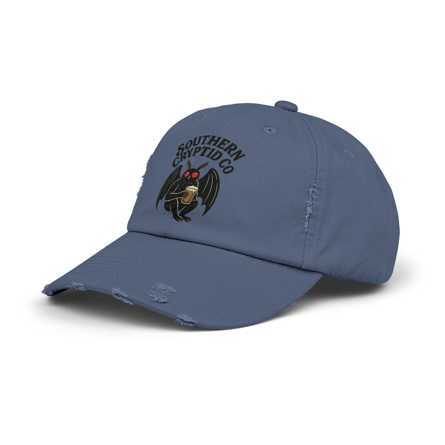 Distressed dad hat with Southern Cryptid Co. logo featuring Mothman holding a pint of beer.