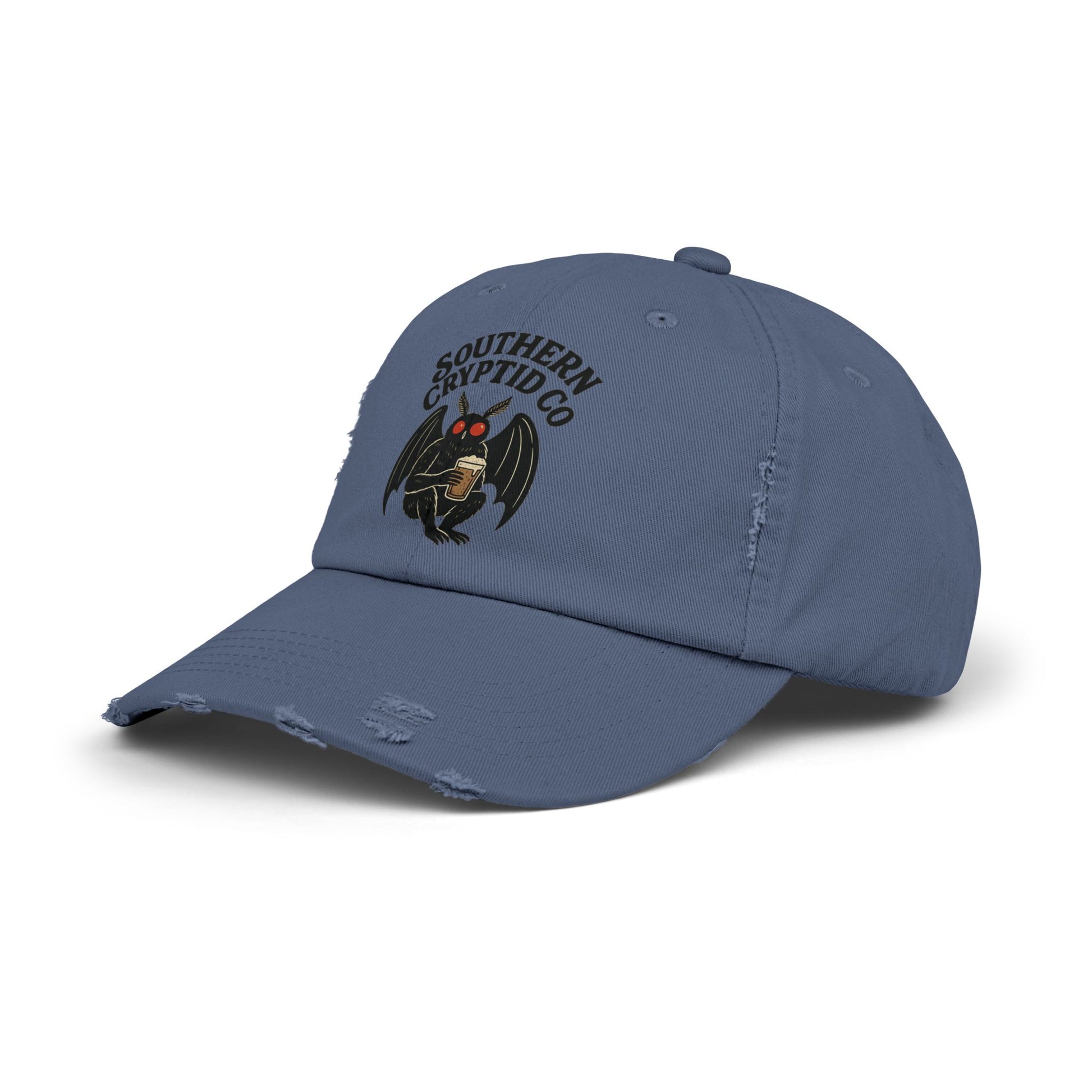 Distressed dad hat with Southern Cryptid Co. logo featuring Mothman holding a pint of beer.